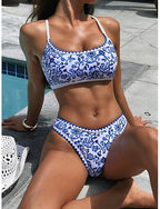 Bikini 2 Piece Swimsuit Cheeky Slim Backless Vacation Beach Wear Color Scoop Neck Sleeveless Bathing Suits