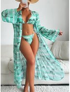 Bikini 3 Piece Swimsuit Palm Cheeky Slim Backless Vacation Beach Wear Graphic Leaves Halter Neck Sleeveless Bathing Suits