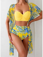 Bikini 3 Piece Swimsuit Palm Cheeky Slim Backless Vacation Beach Wear Leaves V Neck Sleeveless Bathing Suits