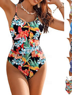 One Piece Swimsuit Slimming Palm Monokini Tummy Control High Waist Slim Backless Vacation Beach Wear Round Neck Sleeveless Bathing Suits