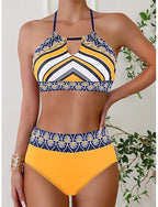 Bikini 2 Piece Swimsuit Colorblock Briefs Slim Backless Vacation Beach Wear Geometric Color Block Halter Neck Sleeveless Bathing Suits