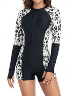Rash Guard One Piece Swimsuit Leopard Front Zip Spandex Uv Sun Protection Upf50+ Quick Dry Long Sleeve Swimwear Bathing Suit Surfing Beach Water Sports Summer