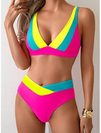 Bikini 2 Piece Swimsuit Colorblock Cheeky Slim Backless Vacation Beach Wear Color Block V Neck Sleeveless Bathing Suits