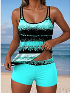 Tankini 2 Piece Swimsuit Shorts Backless Vacation Beach Wear Graphic Geometric U Neck Sleeveless Bathing Suits