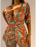 Bikini 3 Piece Swimsuit High Waist Slim Vacation Beach Wear Leaves V Neck Sleeveless Bathing Suits