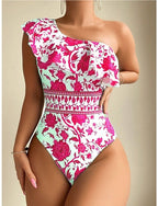Swimwear One Piece Monokini Swimsuit Ruffle Tummy Control High Waist Slim Backless Vacation Asymmetric Neck Sleeveless Bathing Suits