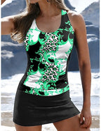 Swimwear Tankini 2 Piece Skirt Swimsuit Ruched Vacation Beach Wear Graphic Geometric U Neck Sleeveless Bathing Suits