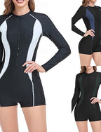 Rash Guard Swimsuits One Pieces Color-blocking Zip Up Uv Protection Elastic Long Sleeve Swimwear Surfing Beach Vacation Summer