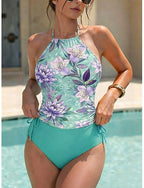 Swimwear Tankini 2 Piece Cheeky Swimsuit Drawstring Vacation Beach Wear Graphic Halter Neck Sleeveless Bathing Suits