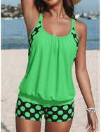 Tankini 2 Piece Swimsuit High Waist Active Vacation Polka Dot Scoop Neck Sleeveless Bathing Suits
