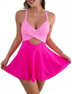 Swimwear One Piece Monokini Swim Dress Swimsuit Tummy Control High Waist Slim Backless Vacation Color V Neck Sleeveless Bathing Suits