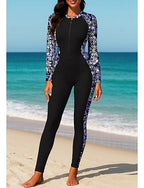 Rash Guard Full Body Rash Guard One Piece Surfing Suit Tropical Color-blocking Zip Up With Built in Bra Front Zip Uv Sun Protection Full Coverage Upf50+ Long Sleeve Full Body Swimwear