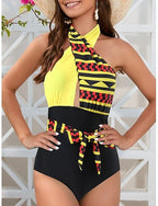 One Piece Swimsuit Cutout Monokini Tummy Control High Waist Slim Backless Vacation Beach Wear Graphic Geometric Halter Neck Sleeveless Bathing Suits