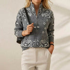 Knitted stand collar zip-up cardigan - women's casual long sleeve sweater - grey