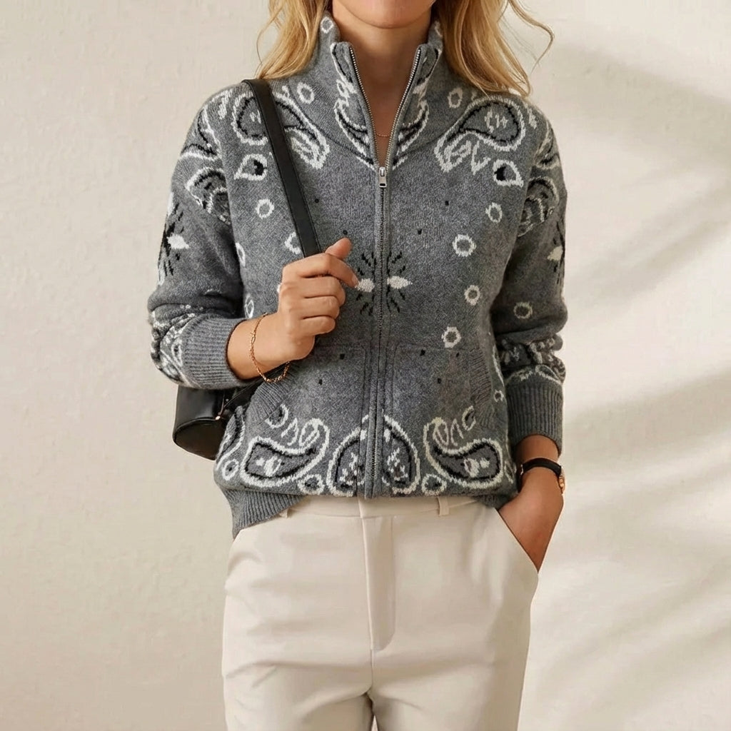Knitted stand collar zip-up cardigan - women's casual long sleeve sweater - grey