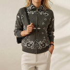 Knitted stand collar zip-up cardigan - women's casual long sleeve sweater - khaki