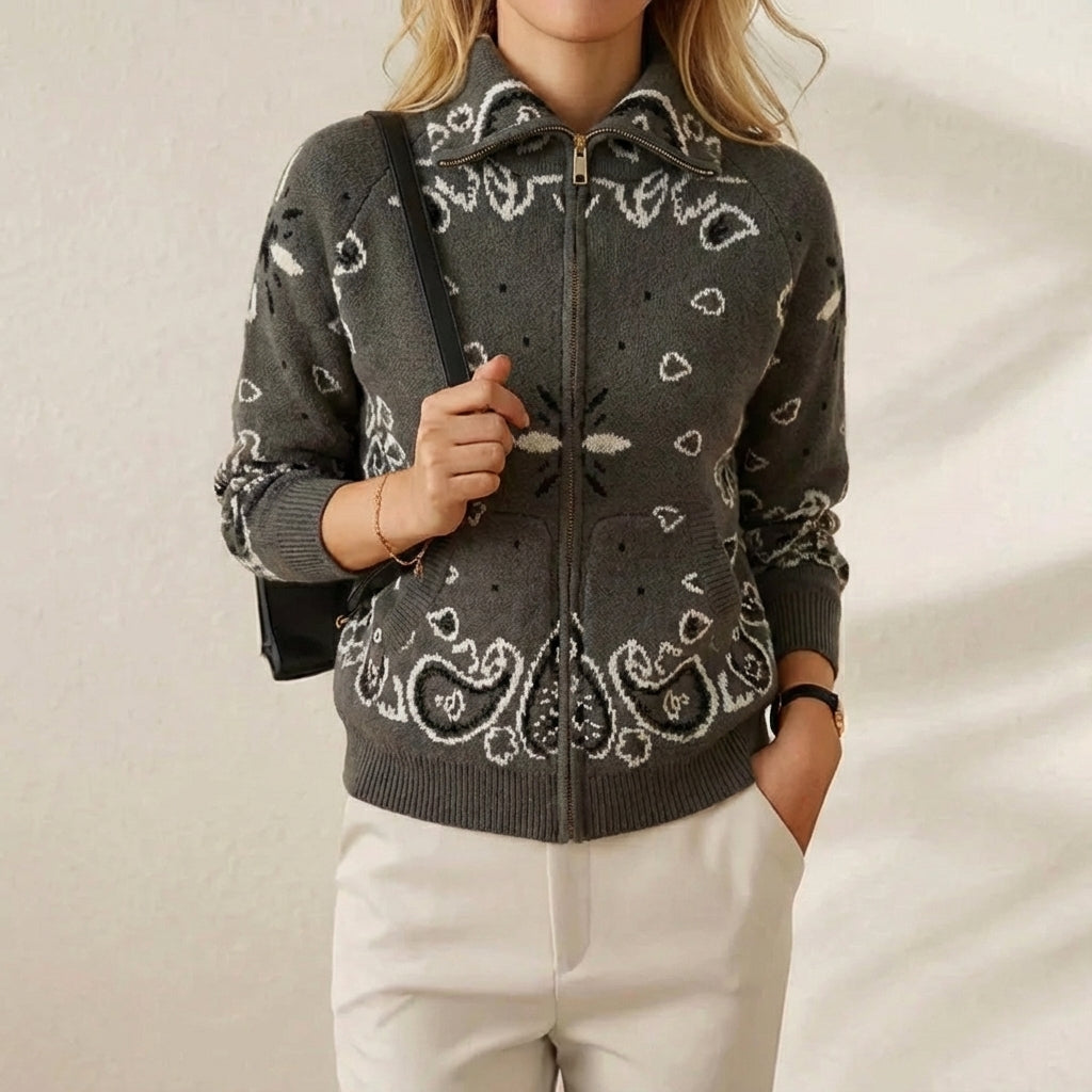 Knitted stand collar zip-up cardigan - women's casual long sleeve sweater - khaki