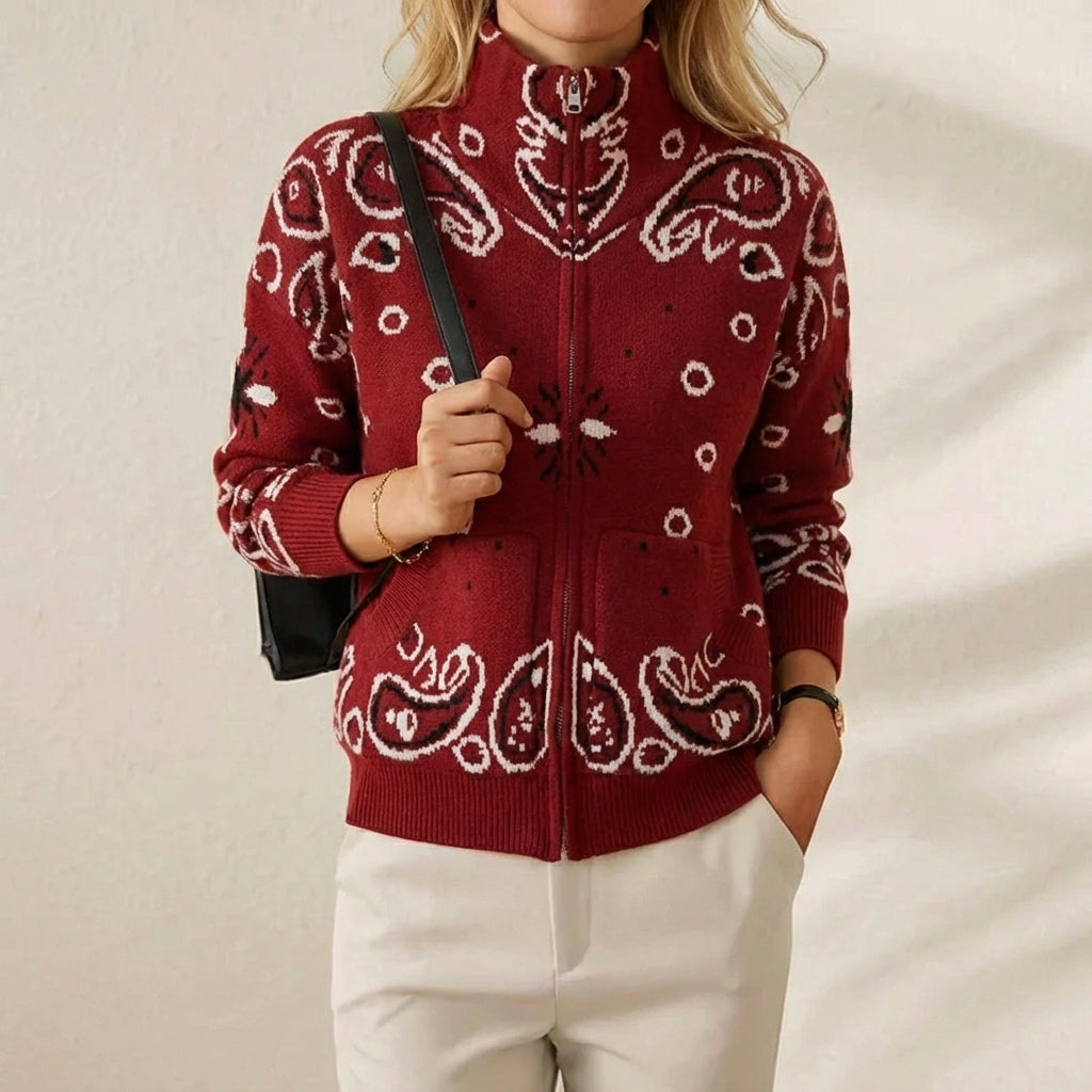 Knitted stand collar zip-up cardigan - women's casual long sleeve sweater - red