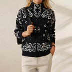 Knitted stand collar zip-up cardigan women's casual long sleeve sweater - navy blue