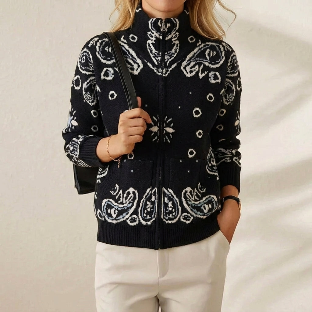 Knitted stand collar zip-up cardigan women's casual long sleeve sweater - navy blue