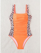 One-piece Tummy Control Bathing Suits Scoop Neck Leopard Print Panels Racerback Ruched Summer Beachwear Quick-dry Stretch Fabric Full Size Black Swimsuit