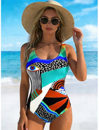 Swimwear One Piece High Cut Swimsuit Beach Wear Summer Graphic Geometric U Neck Sleeveless Bathing Suits