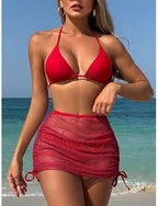Bikini 3 Piece Swimsuit Underwire Skirt Slim Backless Vacation Beach Wear Color Halter Neck Sleeveless Bathing Suits