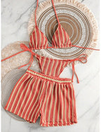 Bikini 2 Piece Swimsuit Thong Slim Backless Vacation Beach Wear Striped Halter Neck Sleeveless Bathing Suits