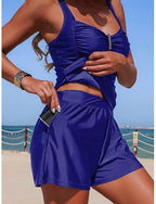 Swimwear Tankini 2 Piece Shorts Swimsuit Tummy Control High Waist Slim Backless Vacation Beach Wear Color V Neck Sleeveless Bathing Suits