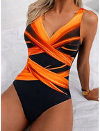 One Piece Swimsuit Slimming Ruched Monokini Briefs Tummy Control High Waist Slim Vacation Ombre Graphic V Neck Sleeveless Bathing Suits