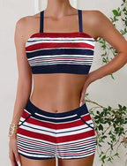 Swimwear 2 Piece Shorts Swimsuit Backless Vacation Beach Wear U Neck Sleeveless Bathing Suits