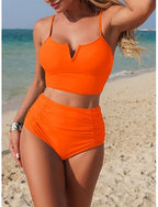 Swimwear Bikini 2 Piece High Waist Swimsuit Slim Backless Vacation Beach Wear Color V Neck Sleeveless Bathing Suits