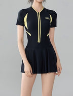 Rash Guard Swim Dress One Pieces Patchwork Zip Up Uv Protection Elastic Short Sleeve Swimwear Swimsuit Surfing Snorkeling Swimming Summer