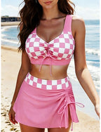 Swimwear Bikini 2 Piece Skirt Swimsuit Tummy Control High Waist Slim Backless Vacation Graphic Plaid Scoop Neck Sleeveless Bathing Suits