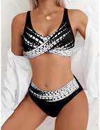 Bikini 2 Piece Swimsuit High Waist Stylish Graphic Striped V Neck Sleeveless Bathing Suits