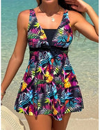 Swimwear Tankini 2 Piece High Waist Swimsuit Backless Vacation Beach Wear Graphic V Neck Sleeveless Bathing Suits