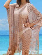 Swimwear Cover Up Swimsuit Fringe Hem Cut Out Vacation Beach Wear Plain V Neck Long Sleeve Bathing Suits