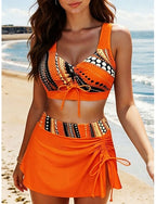 Swimwear Bikini 2 Piece Skirt Swimsuit Tummy Control High Waist Slim Backless Vacation Graphic Geometic V Neck Sleeveless Bathing Suits