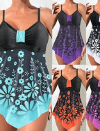 Swimwear 2 Piece Cheeky Swimsuit Backless Vacation Graphic V Neck Sleeveless Bathing Suits
