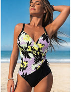 One Piece Swimsuit Slimming Ruched Underwire Briefs Vacation Graphic V Neck Sleeveless Bathing Suits