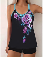 Tankini 2 Piece Swimsuit Boy Leg Tummy Control High Waist Slim Backless Vacation Beach Wear Geometric Scoop Neck Sleeveless Bathing Suits