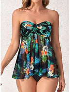 Tankini 2 Piece Swimsuit Underwire Cheeky Tummy Control High Waist Slim Backless Vacation Beach Wear Strapless Sleeveless Bathing Suits