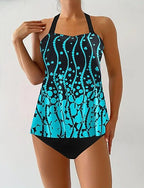 Swimwear 2 Piece Cheeky Swimsuit Backless Vacation Beach Wear Graphic Round Neck Sleeveless Bathing Suits