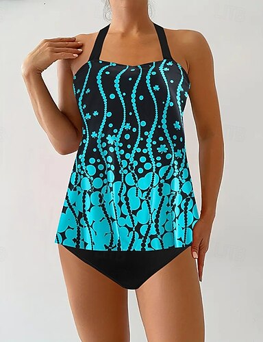 Swimwear 2 Piece Cheeky Swimsuit Backless Vacation Beach Wear Graphic Round Neck Sleeveless Bathing Suits