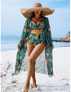 Bikini 3 Piece Swimsuit Palm Cheeky Slim Backless Vacation Beach Wear Leaves V Neck Sleeveless Bathing Suits