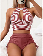 Tankini 2 Piece Swimsuit Ruched Briefs Tummy Control High Waist Slim Backless Vacation Beach Wear Striped Halter Neck Sleeveless Bathing Suits