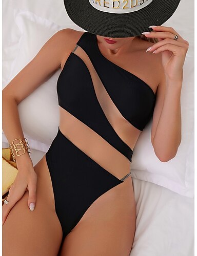 One Piece Swimsuit Cutout Monokini Tummy Control High Waist Slim Backless Vacation Beach Wear Color Block Asymmetric Neck Sleeveless Bathing Suits
