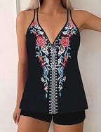 Swimwear 2 Piece Shorts Swimsuit Backless Vacation Beach Wear Graphic V Neck Sleeveless Bathing Suits