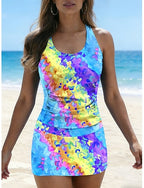Swimwear Tankini 2 Piece Skirt Swimsuit Ruched Vacation Beach Wear Graphic U Neck Sleeveless Bathing Suits