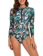 Rash Guard One Piece Swimsuit Printed Front Zip Quick Dry Lightweight Breathable Long Sleeve Bodysuit Bathing Suit Surfing Beach Water Sports Summer